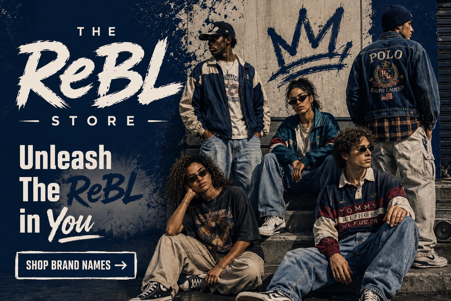 Models in vintage ReBL streetwear with a graffiti wall backdrop