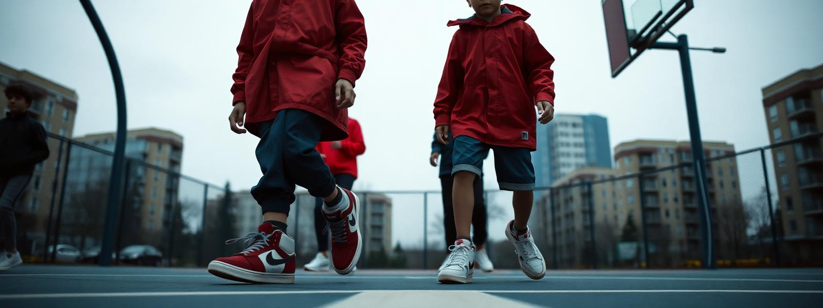 Kids in vintage streetwear on a city court
