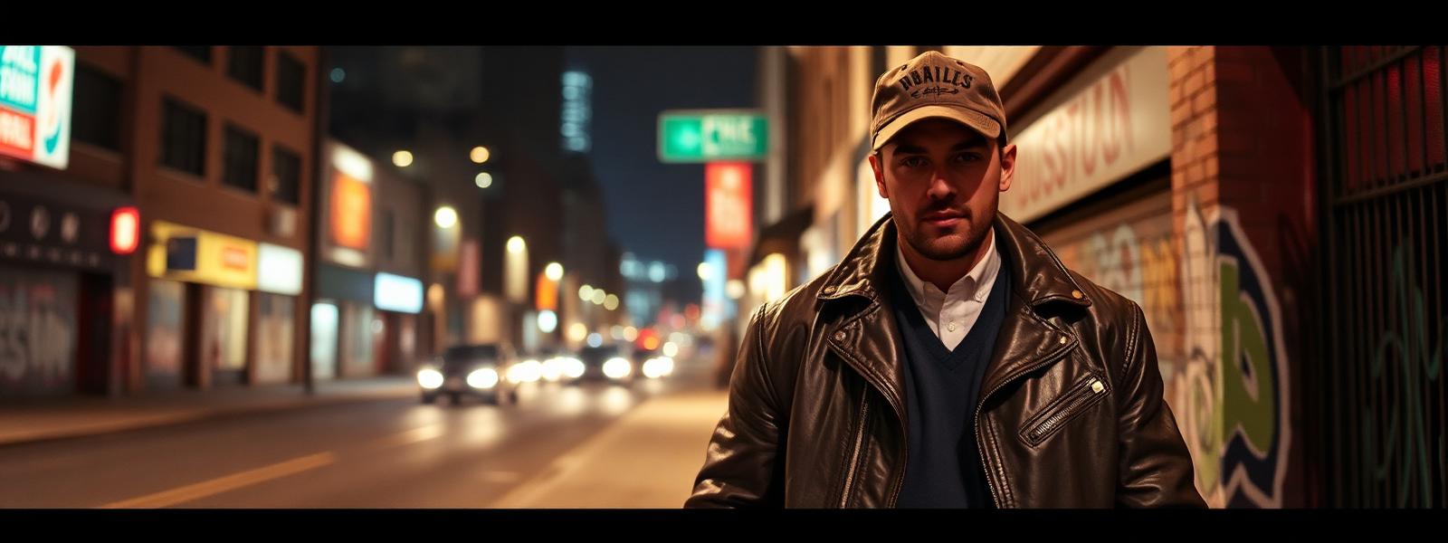 Man in vintage streetwear on a city street